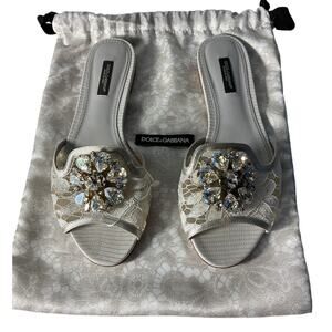 Dolce & Gabbana Embellished White Lace Crystal Slides Size 37.5 EU / US 7.5